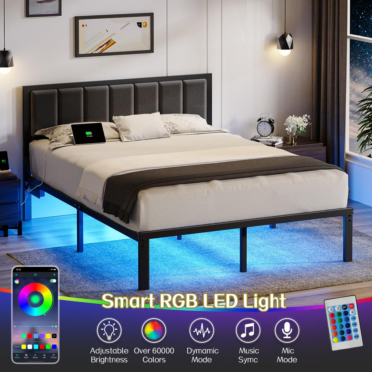 OLEVS Queen Bed Frame with Headboard Metal Platform Bed Queen Size with USB Charging Station and LED Lights, No Box Spring Needed OLEVS