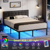 OLEVS Queen Bed Frame with Headboard Metal Platform Bed Queen Size with USB Charging Station and LED Lights, No Box Spring Needed OLEVS