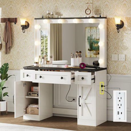 LUXOAK 43" Farmhouse Makeup Vanity Desk with Mirror, Lights, Power Outlet, Glass top Vanity with Storage Drawers & Adjustable Shelves, Hollywood Vanity for Bedroom, Girls, Womens, White LUXOAK