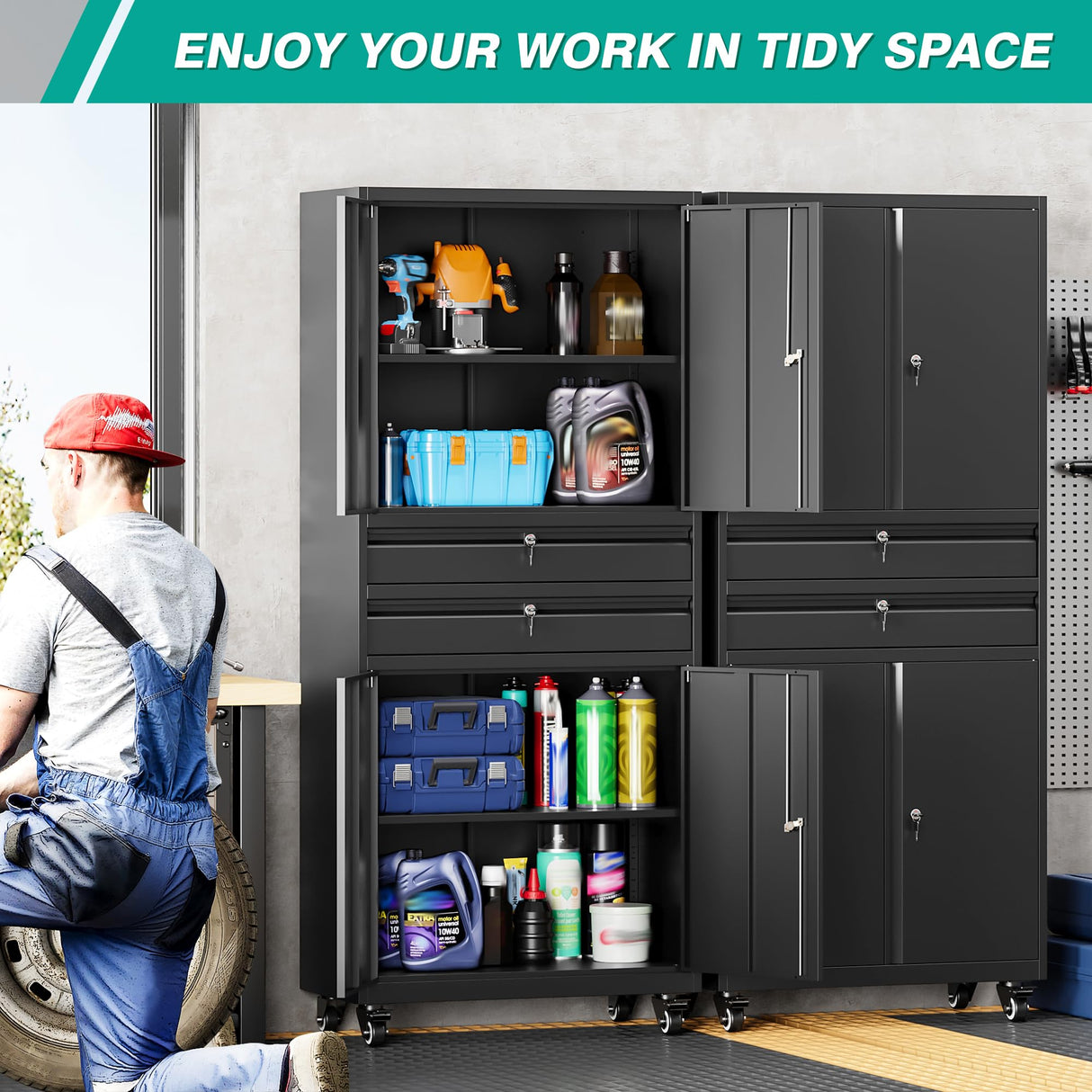 Metal Storage Cabinet with Wheels and Drawers,Rolling Garage Storage Cabinet with Locking Doors and Adjustable Shelves,73" Mobile Tall Large Metal Tool Cabinets with Locks for Home,Office,Garage SISESOL