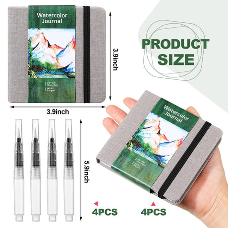 Dispowreath 4 Set Watercolor Sketchbook Journal with Watercolor Brush Pens 300 GSM Cotton Paper Portable Square Small Pocket Notebook Travel for Painters Art Supplies (3.9 x 3.9 Inch) Dispowreath