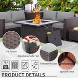 WAROOM 5 Pieces Patio Furniture Set PE Wicker Outdoor Brown Rattan Sectional Sofa Loveseat Couch Conversation Chair with Storage Bin Coffee Table and Propane Fire Pit, Anti-Slip Grey Cushion WAROOM