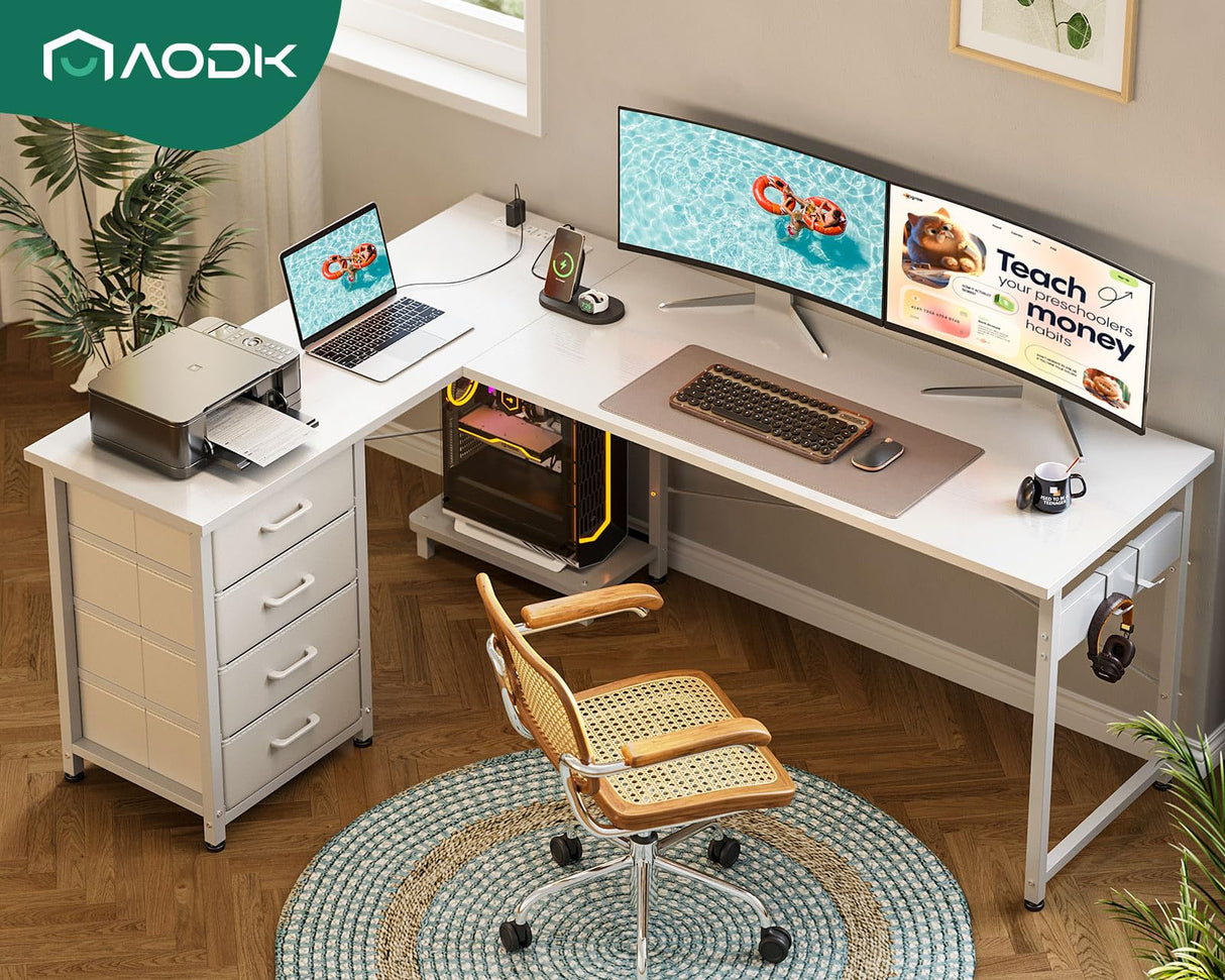AODK L Shaped Desk with 4 Tier Drawers, 61" Reversible Gaming Desk with Power Outlets, L Shaped Computer Desk with USB Charging Port and Host Stand, Home Office Corner Desk, Easy to Assemble, White AODK