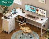 AODK L Shaped Desk with 4 Tier Drawers, 61" Reversible Gaming Desk with Power Outlets, L Shaped Computer Desk with USB Charging Port and Host Stand, Home Office Corner Desk, Easy to Assemble, White AODK
