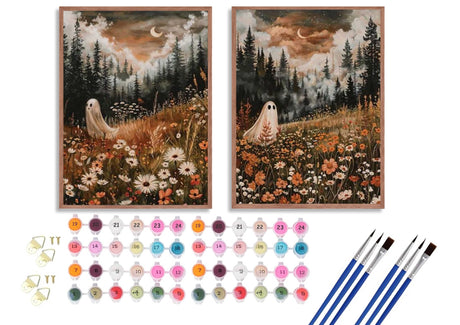 Halloween Whimsical Ghost Paint by Number Kit, 12x16inch Floral Meadow & Forest Moonlit Scenes DIY Painting for Adults and Kids, Halloween Autumn Art Craft Supplies Frameless Generic