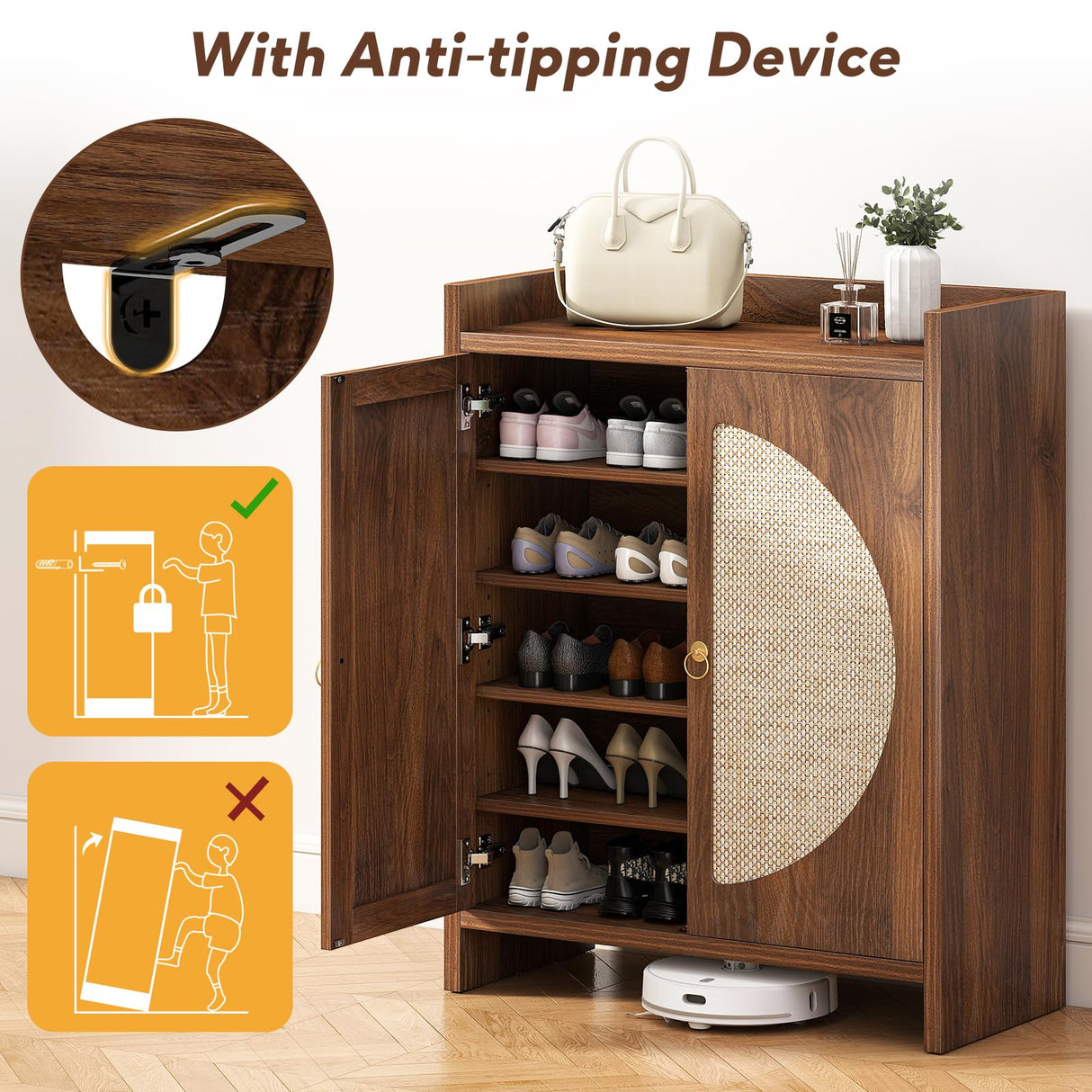 Curlaky Shoe Cabinet Storage for Entryway - Rattan Entry Way Shoe Storage Cabinet with Adjustable Shelves, Wood Shoe Organizer Cabinet, Accent Cabinet with Doors for Entrance Hallway Living Room Foyer Curlaky