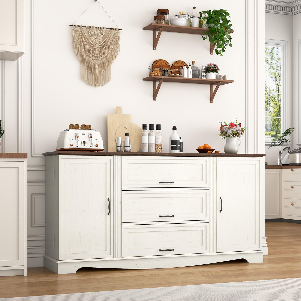 65" Sideboard Buffet Cabinet with Storage, Farmhouse Kitchen Pantries Sideboard Cabinets with Drawer, Wood Coffee Bar Cabinet with Adjustable Shelves, Storage Cabinets for Kitchen, Antique White chartustriable