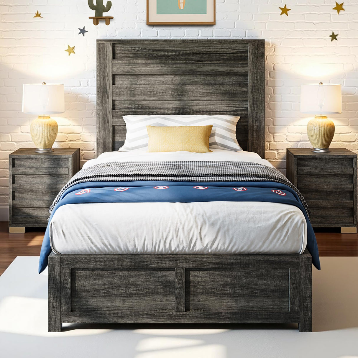 LUXOAK Twin Farmhouse Bed Frame with 49" Fluted Headboard, Wooden Platform Bed with Natural Grain, Noise-Free, No Box Spring Needed, Rustic Grey LUXOAK