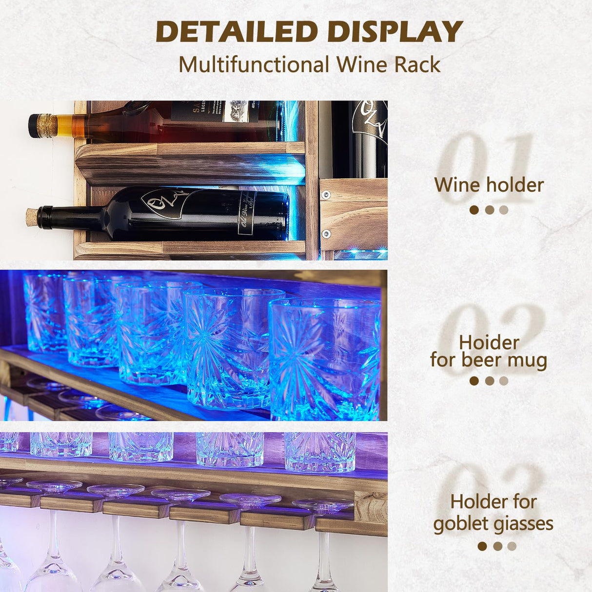 Homde Wine Rack with LED Light Wall Mounted Wood,Wine Shelf with Bottle Stemware Glass Holder Rustic, Wine Display Storage Rack with Cork Holder for Home Bar Kitchen Decor Homde