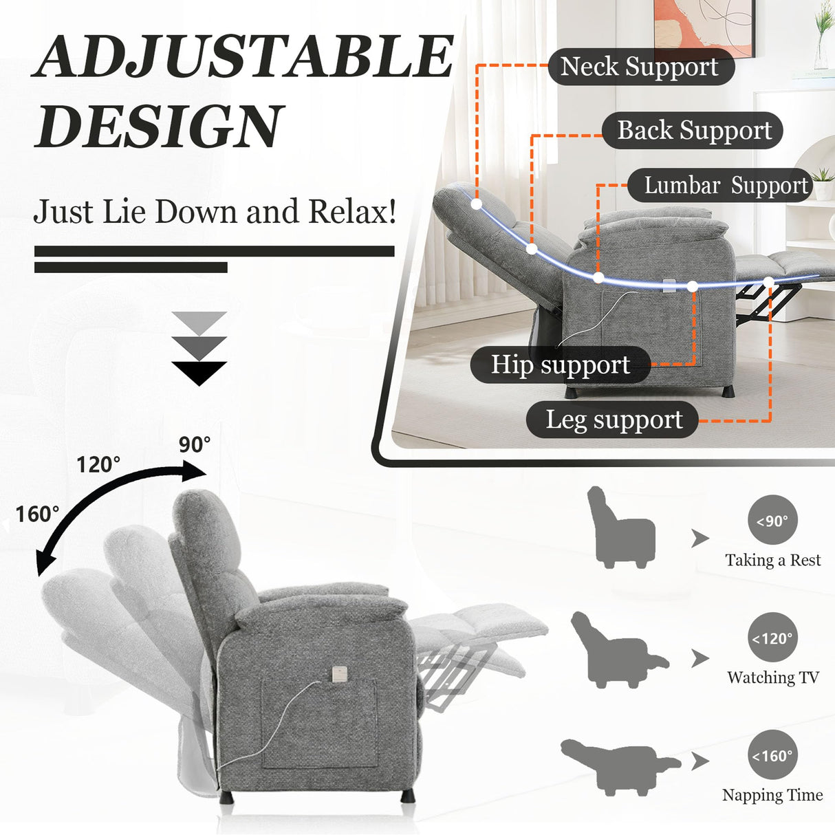 Thctvous Gray Electric Recliner Chairs for Adults, Comfy Power Recliners with Remote Control, Small Recliner Chair for Bedroom, Mini Reclining Chairs for Living Room Home Theater Office (Gray) Thctvous