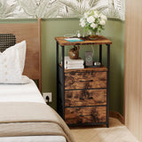 Fixwal Night Stand with 3 Fabric Drawers, Nightstand for Bedroom, Bedside Table with Charging Station End Table with Storage, Rustic Brown Fixwal