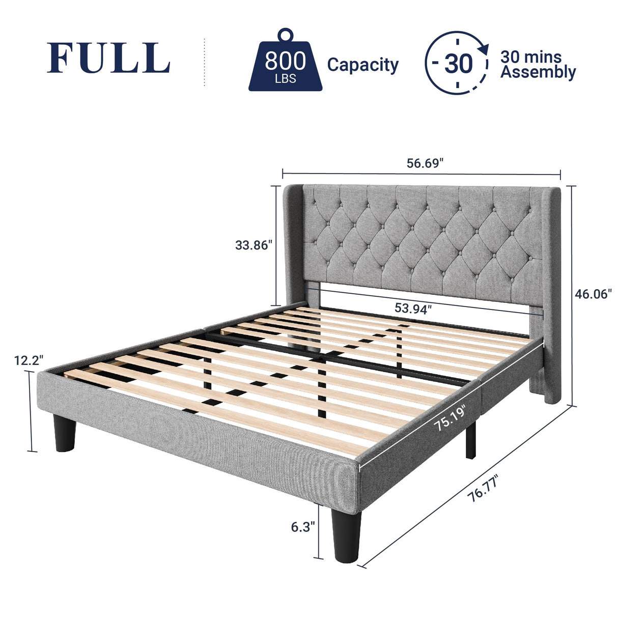 Allewie Full Size Bed Frame with Button Tufted Wingback Headboard, Modern Fabric Upholstered Platform Bed Frame with Strong Wood Slat Support, No Box Spring Needed, Easy Assembly, Light Grey Allewie