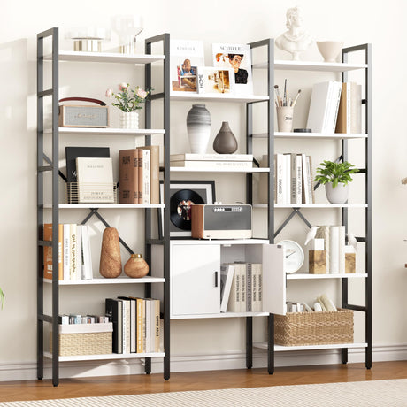 Yusong Bookshelf Triple Wide 5 Tier Bookcases with Storage Cabinet, Industrial Large Modern Tall Bookshelves with 12 Open Display Shelves for Living Room Office Bedroom, White and Black Yusong