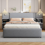 Luxury Queen Bed Frame,Queen Size Trundle Bed Frame with 2 Storage Drawers,Reading Lights, Storage Headboard,Storages Rack,Queen Size Linen Upholstered Platform Bed for Bedroom (Gray, Queen) Firscook