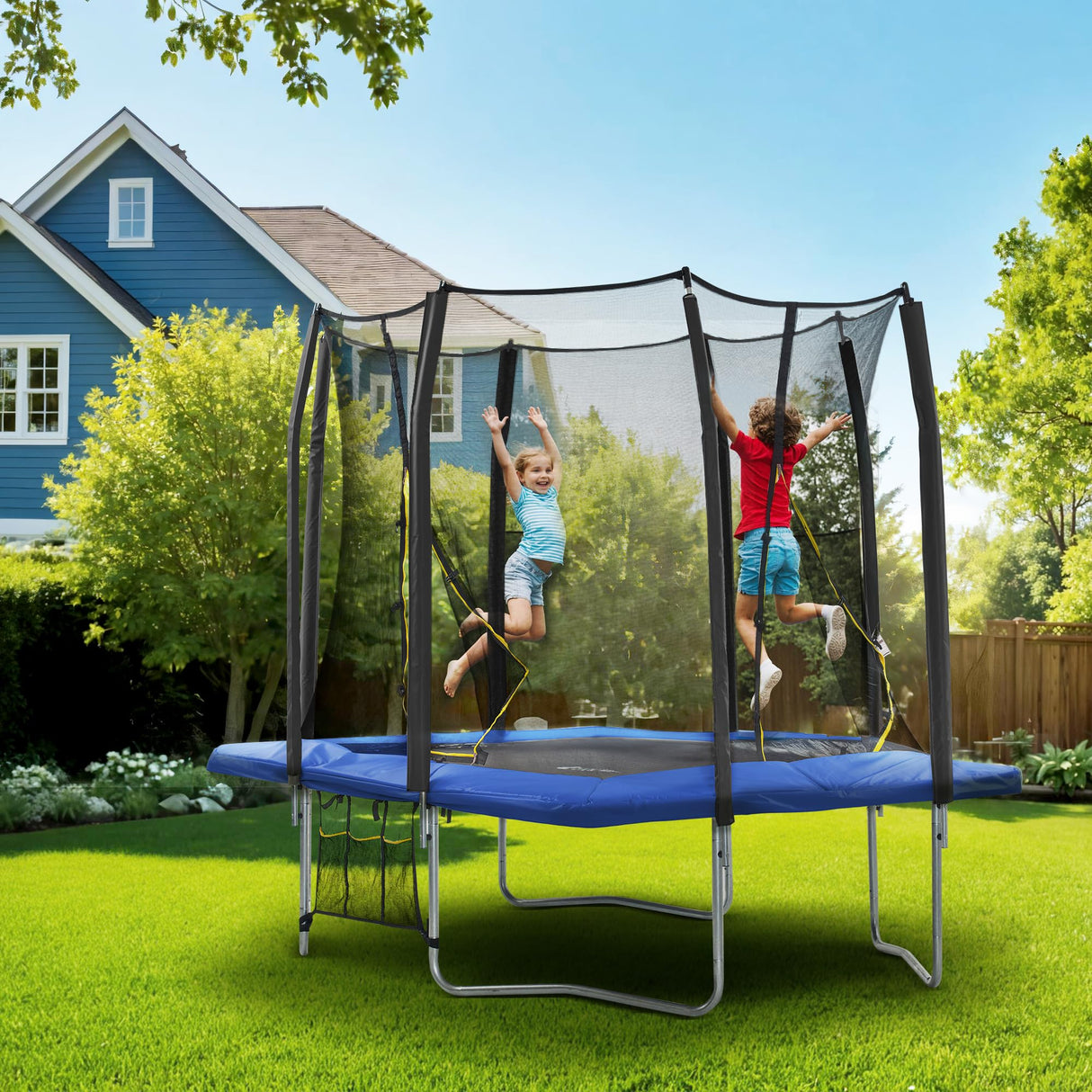 Exacme 7X10 8X12 Foot Rectangle Trampoline for Kids, Double Enclosure Openings, Small Outdoor Rectangular Trampoline with Enclosure Net, 4 Wind Stakes, Storage Bag, 330LB Capacity (Blue, 8×12 Feet) Exacme