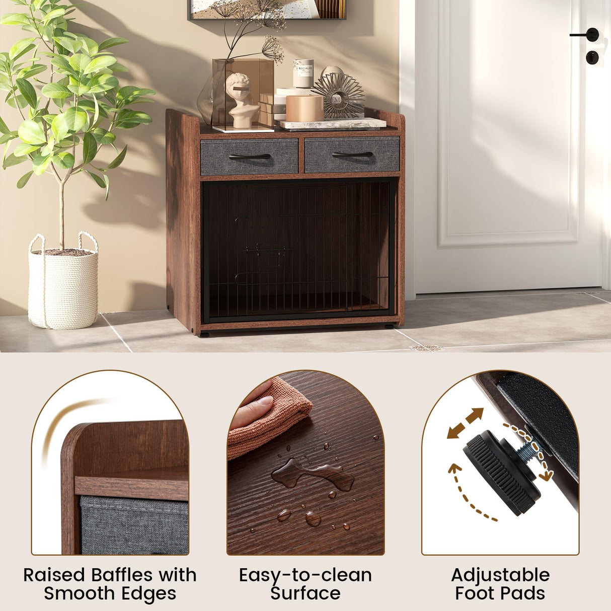 Giantex Dog Crate Furniture - Wooden Dog Cage End Table with 2 Storage Drawers, Latched Door, Pet House Dog Kennel Indoor for Small Dogs, Furniture-Style Dog Crate Side Table, Brown Giantex