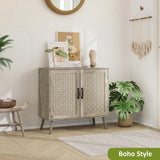 Smart FENDEE Farmhouse Sideboard Cabinet, Buffet Storage Cabinet with Handmade PVC Rattan Decor Doors & Adjustable Shelf, Wood Accent Table Coffee Station for Kitchen, Living Room, Entryway, Grey Oak Smart FENDEE