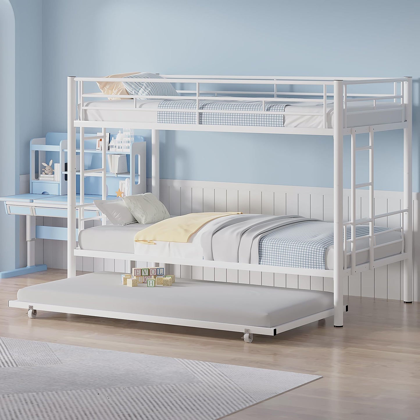 VECELO Twin Over Twin Bunk Bed with Trundle, Metal Bunkbeds with Ladder and Full-Length Guardrail, Noise Free, No Box Spring Needed, Off White