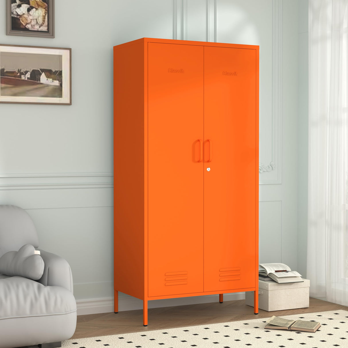 2 Door Wardrobe 67 Inch Orange Metal Storage Cabinet with Hanging Rod, Office Double Door Lockable Metal Adjustable Shelves Wardrobe Bedroom Home Office Storage Cabinet Size： 67"H x 31.5"W x 18.1"D Aiasuit