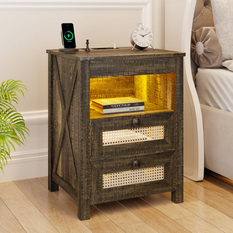 ACTKISS Night Stand with Gun Drawer, Bedside Table with Charging Station & LED Light, Gun Nightstand for Bedroom Living Room, Farmhouse End Table, Rustic ACTKISS