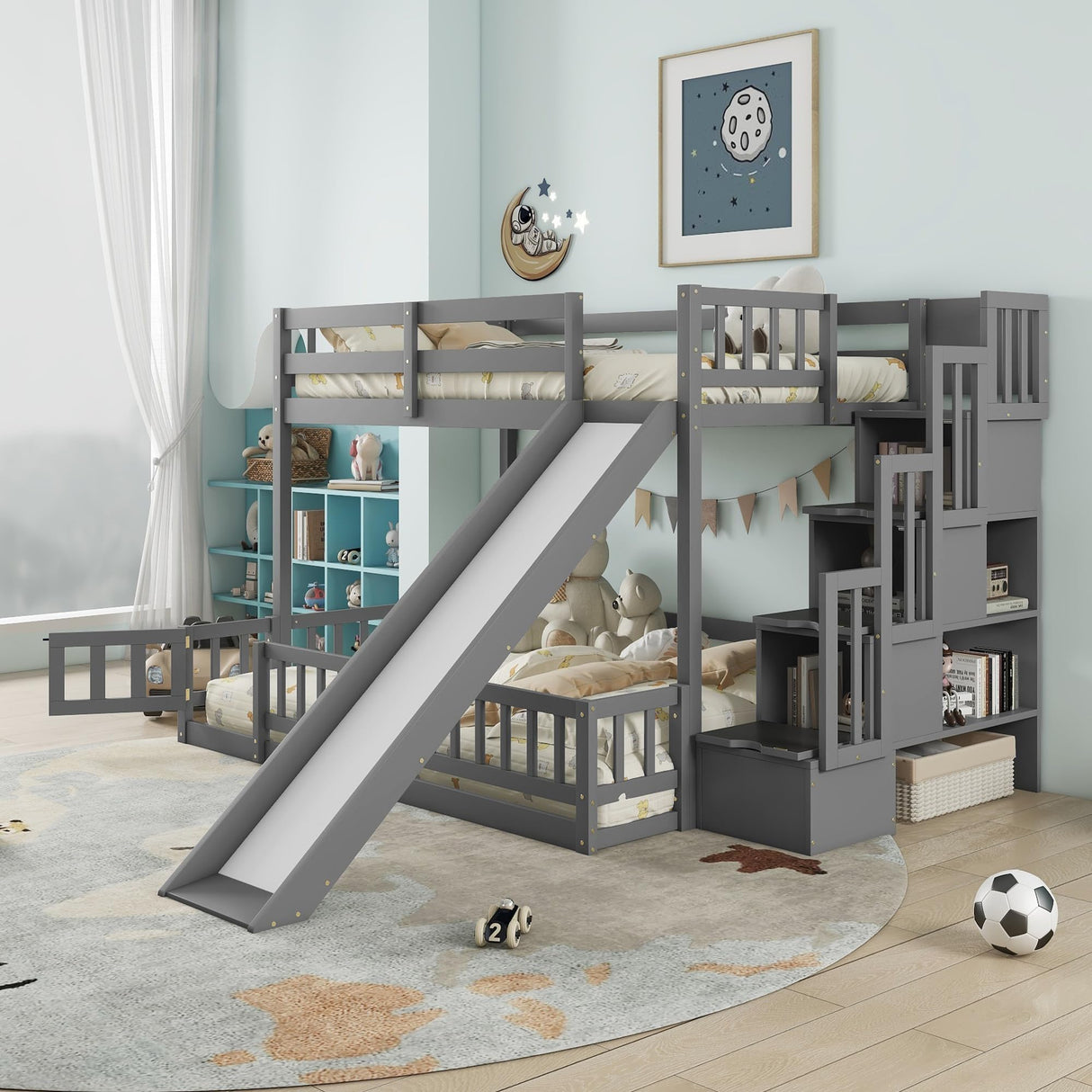 Duxelifin Twin Over Full Bunk Beds with Slide and Stairs, Low Bunk Bed Frame with Rails, Convertible Wood Bunk Bed with Storage Staircase for Kids Boys Girls, Gray Duxelifin