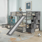 Duxelifin Twin Over Full Bunk Beds with Slide and Stairs, Low Bunk Bed Frame with Rails, Convertible Wood Bunk Bed with Storage Staircase for Kids Boys Girls, Gray Duxelifin