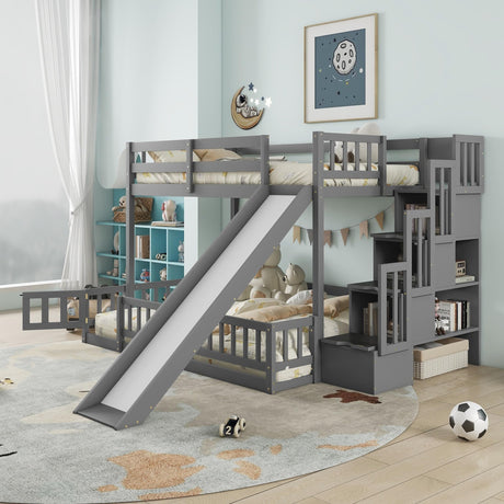 Duxelifin Twin Over Full Bunk Beds with Slide and Stairs, Low Bunk Bed Frame with Rails, Convertible Wood Bunk Bed with Storage Staircase for Kids Boys Girls, Gray Duxelifin