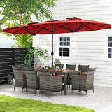 Tangkula 10 Pieces Patio Wicker Dining Set w/Double-Sided Patio Umbrella, Outdoor Acacia Wood Furniture Set w/ 8 Armchairs, 71” Dining Table & 15 ft Umbrella with Weighted Base (Wine) Tangkula