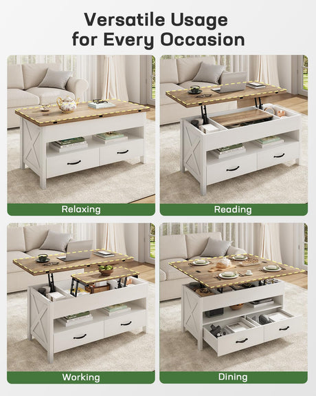 Marsail 40" Lift Top Coffee Table, 4 in 1 Coffee Table with Hidden Compartment, 1 Open Shelf and 2 Drawers, Multifunctional Farmhouse Center Table for Living Room and Home Office, Brown and White Marsail
