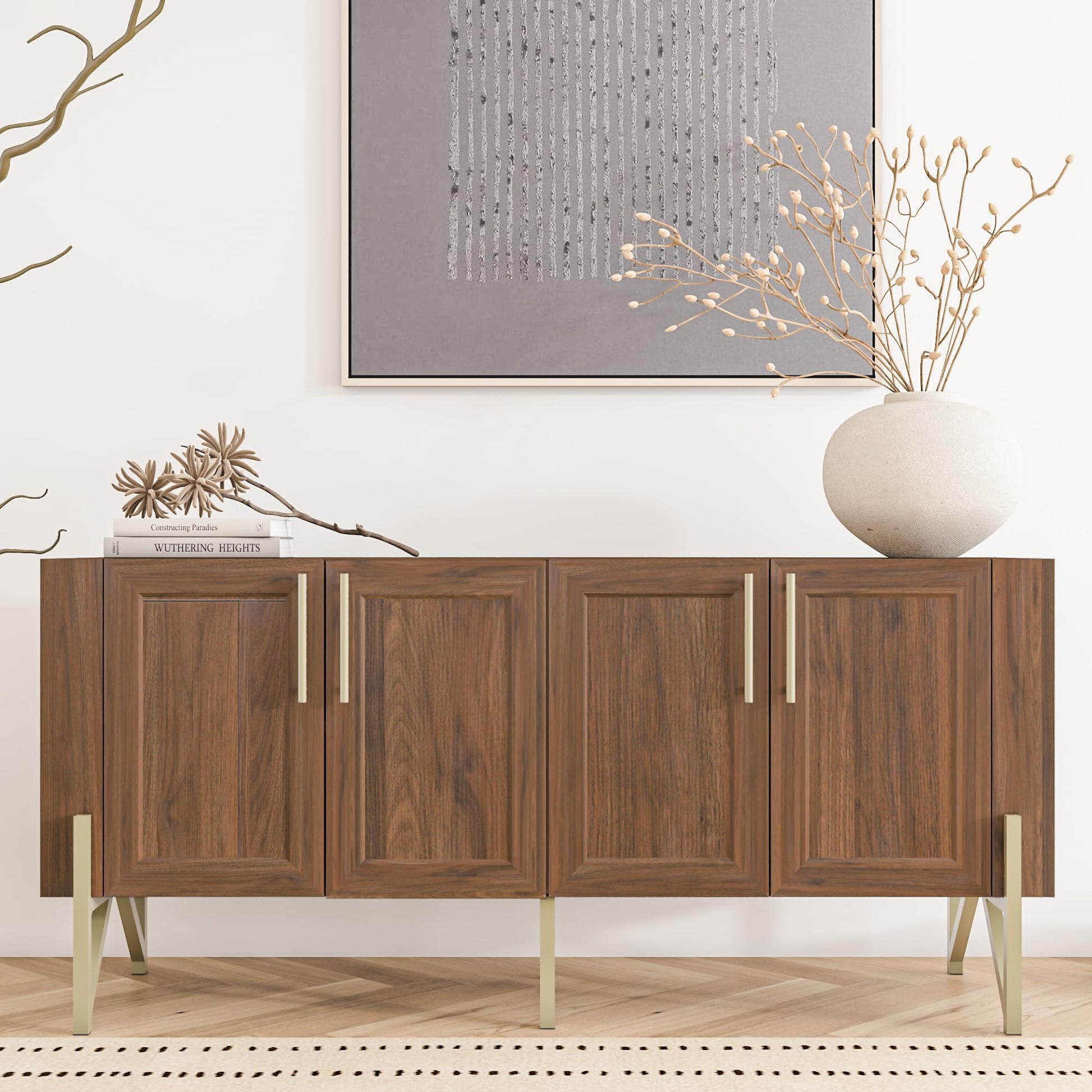 Tilly Lin 65" Mid Century Modern TV Stand, Modern Credenza Sideboard Buffet Cabinet, Walnut Media Console for Living Room, Boho Entertainment Center with Storage, Gold Metal Legs - WoodArtSupply