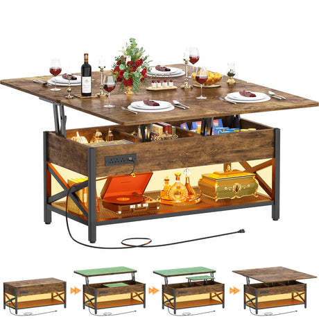Aheaplus Coffee Table Lift Top with LED Light and Power Outlet, Multi-Function Coffee Table Converts to Dining Table, Center Table with Shelves for Living Room Reception Home Office, Rustic Brown Aheaplus