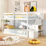 Giantex Twin Over Twin Bunk Bed with Stairs, Solid Wood Floor Bunk Bed with Storage Staircase & Full-Length Guardrails, Low Bunk Bed with for Kids, Teens, Adults, Dorm, Small Space, White Giantex