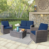 JOIVI Patio Furniture Set, 4 Piece Outdoor Patio Conversation Set, All-Weather PE Rattan Wicker Sectional Patio Sofa Set with Tempered Glass Coffee Table for Family Gatherings, Navy Blue JOIVI