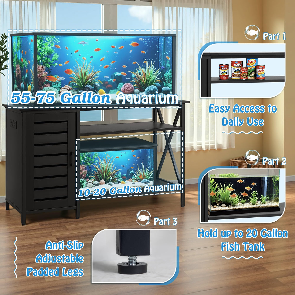GUNJI 55-75 Gallon Aquarium Stand, Fish Tank Stand with Cabinets and Shelves, Aquarium Tank with Power Outlets, Heavy Duty Metal Turtle Tank 52 inch x 19.68 inch Desktop for 1200LBS Capacity (Black) GUNJI