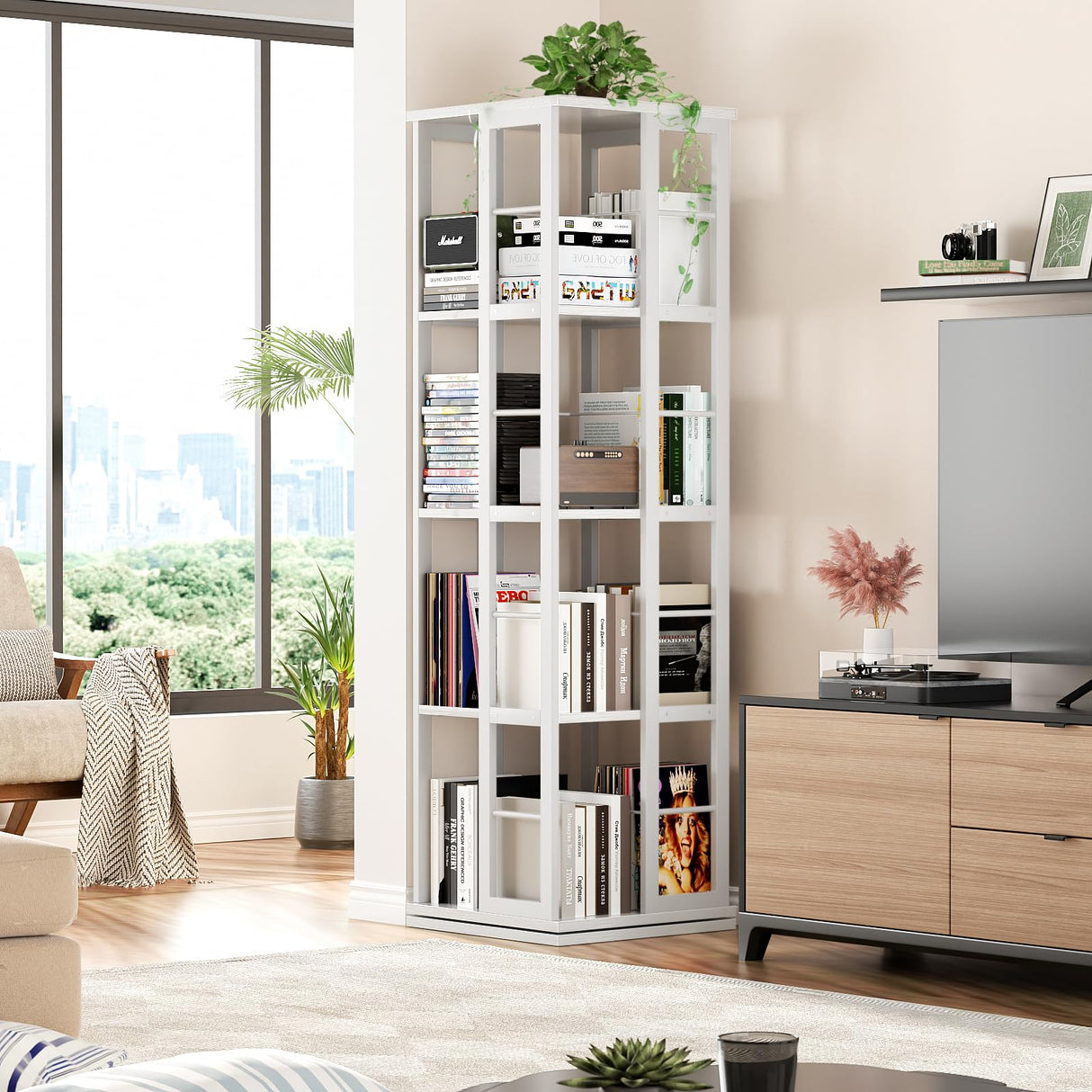 Besiost 360° Rotating Corner Bookshelf – Compact White 4-Tier Storage Rack for Small Spaces Besiost