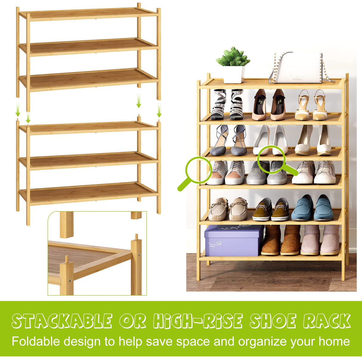 BMOSU 3-Tier Bamboo Shoe Rack Premium Stackable Shoe Shelf Storage Organizer for Hallway Closet Living Room Entryway Organizer(Natural) BMOSU