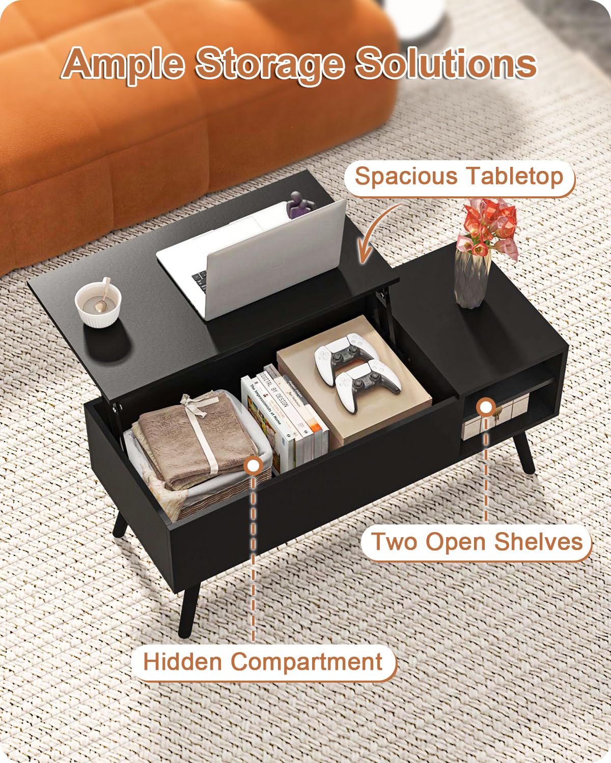 ALINE FURNITURE Coffee Table Lift Top - Black Lift Top Coffee Table with Hidden Compartment Storage - Lift Up Coffee Table - Wood Coffee Tables for Living Room ALINE FURNITURE