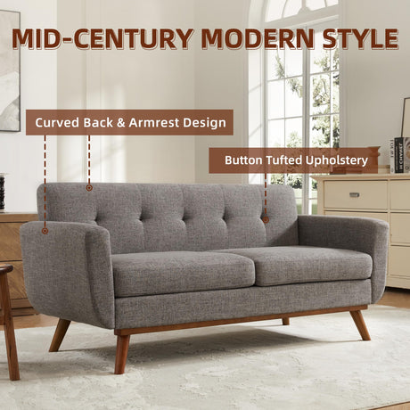 Kingfun 65.2" W Loveseat Sofa, Mid Century Modern Decor Love Seat Couches for Living Room, Button Tufted Upholstered Furniture, Solid & Easy to Install Small Couch for Bedroom Office Apartment, Grey Kingfun