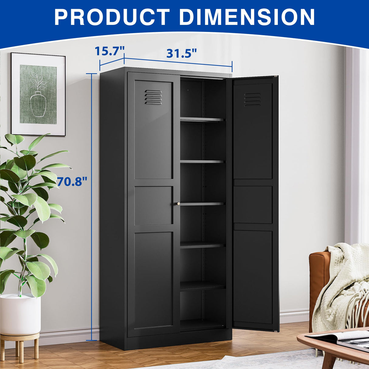 BYNSOE 71'' Kitchen Pantry Storage Cabinet with 5 Adjustable Shelves Metal Pantry Storage Cabinet with Ventilation Cupboard Cabinet for Kitchen, Living Room Dinning Room Bathroom. (Black, 71 inch) BYNSOE