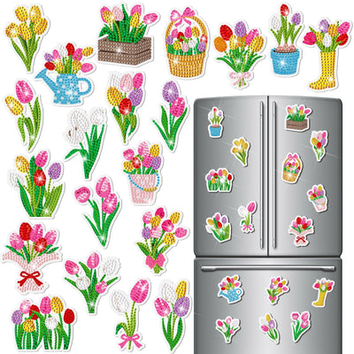 Saillong 20 Pcs Tulip Diamond Painting Magnets Spring Diamond Art Magnets Kits Refrigerator Magnetic Stickers for Fridge Home Adults DIY Crafts