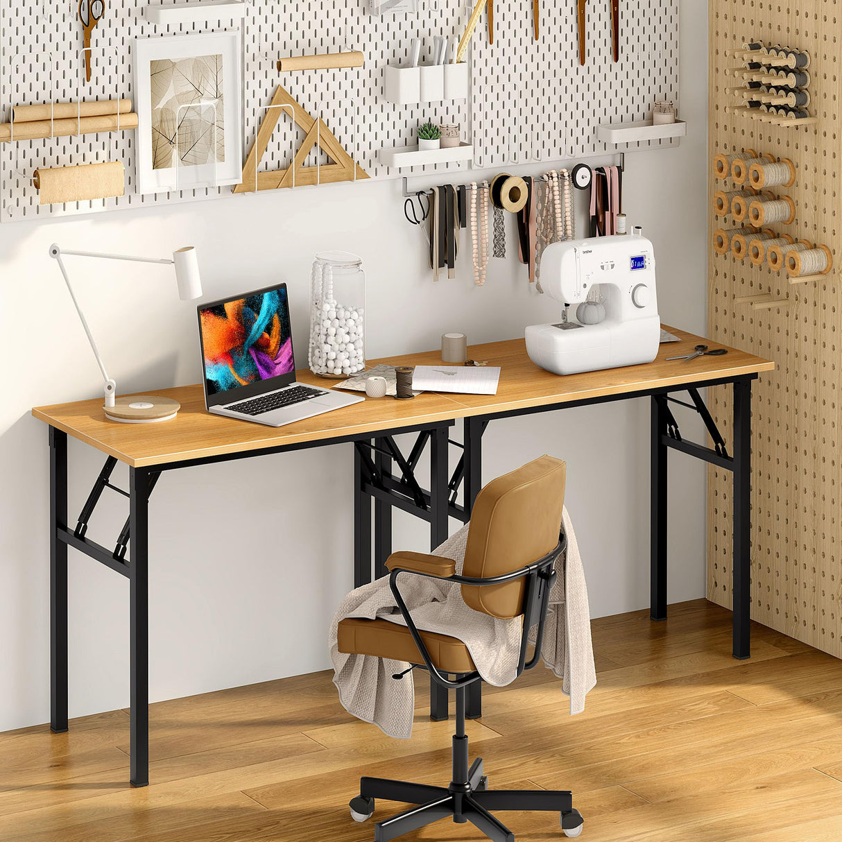 Need Folding Desk for Home Office 39-3/8'' Length Modern Folding Table Computer Desk No Install Needed Teak Color Desktop Black Frame, AC5BB(10060) Need