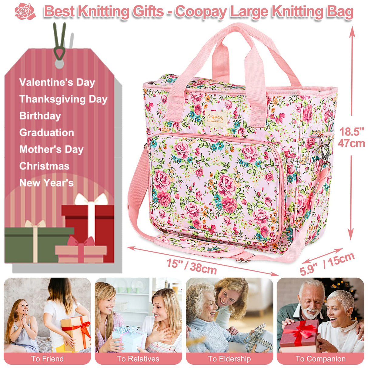 Coopay Large Crochet Bag Knitting Bags and Totes Organizer, Traveling Crochet Bags Yarn Bag for Carrying Crochet Hooks, Knitting Kit, Skein Yarn Wool, Project, Knitting & Crochet Supplies, Pink Flower Coopay