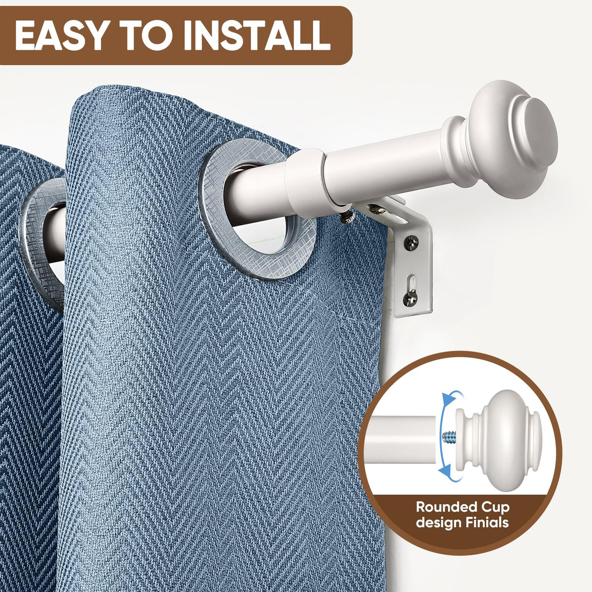 SIMEWIN White Curtain Rods for Windows 28 to 48 Inches Adjustable Decorative 1 Inch Diameter Single Window Curtain Rod Set with Classic Finials, White Finishing SIMEWIN