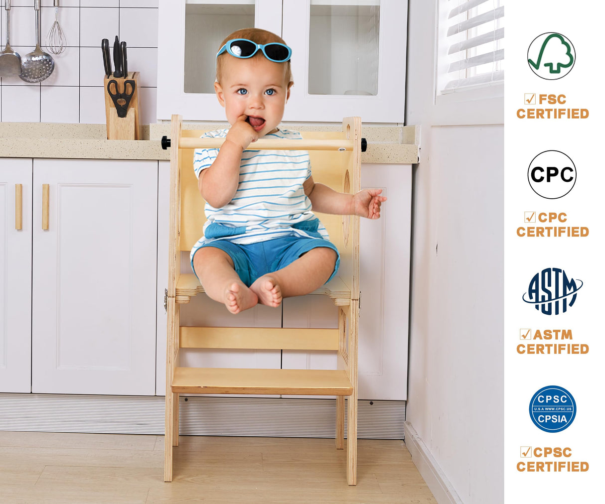 Foldable 4-in-1 Study Tower with Chalkboard for Learning, Montessori Kitchen Step Stool Toddlers Folding Stool for Kids 1-6years Ideal Helper FANABAS