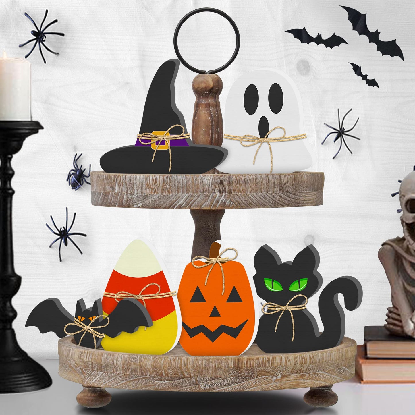 6PCS Halloween Wooden Decor - Halloween Wooden Signs Include Pumpkin Ghost Bat Black Cat Witch Hat Candy Corn Freestanding Table Signs, Halloween Tiered Tray Decor for Rustic Farmhouse Home Mantle