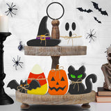 6PCS Halloween Wooden Decor - Halloween Wooden Signs Include Pumpkin Ghost Bat Black Cat Witch Hat Candy Corn Freestanding Table Signs, Halloween Tiered Tray Decor for Rustic Farmhouse Home Mantle Lairyan
