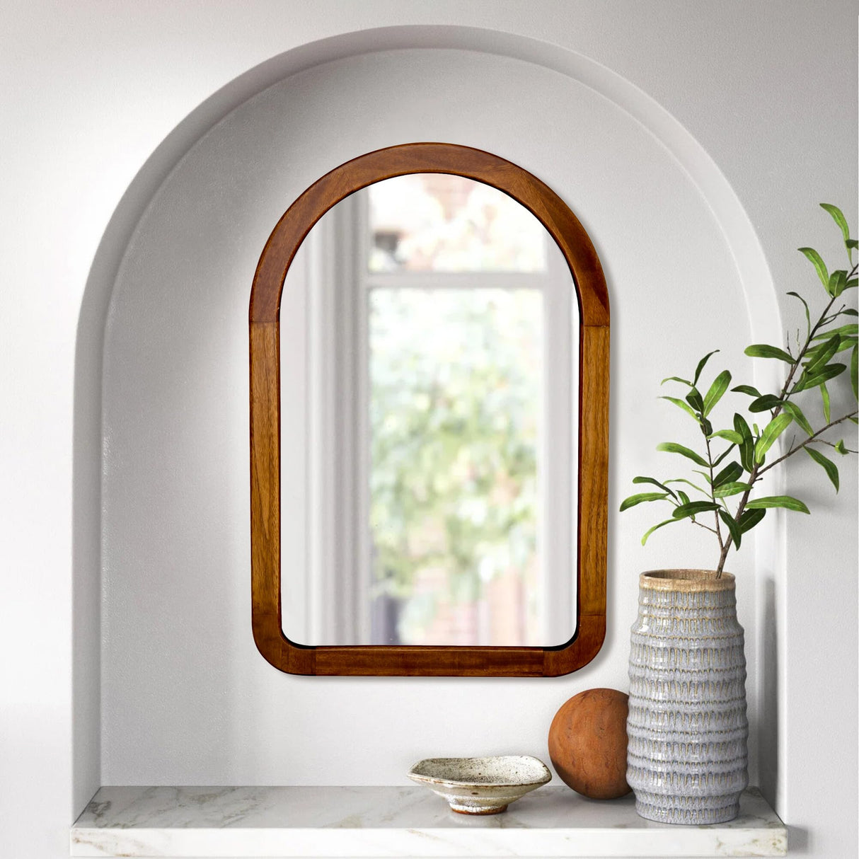 Arched Mirror 22 x 30 Inch,Brown Wood Rustic Bathroom Tempered Wall Mirror with Wood Frame,Round Corner Arch Farmhouse Wooden Vanity Mirror for Living Room,Entryway or Bedroom（Walnut Brown） CULER