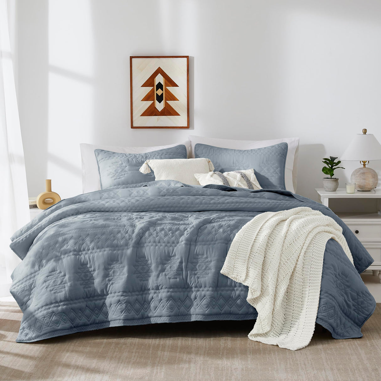 WDCOZY Boho Blue Grey Quilt King Size Bedding Sets with 2 Pillow Shams, Farmhouse Lightweight Soft Bedspread Coverlet for All Season, 3 Pieces, 104x90 inches WDCOZY