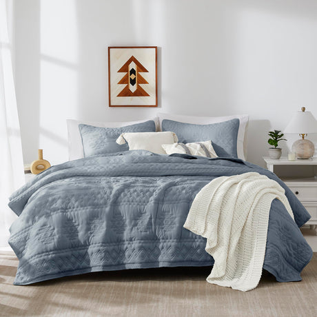 WDCOZY Boho Blue Grey Quilt King Size Bedding Sets with 2 Pillow Shams, Farmhouse Lightweight Soft Bedspread Coverlet for All Season, 3 Pieces, 104x90 inches WDCOZY