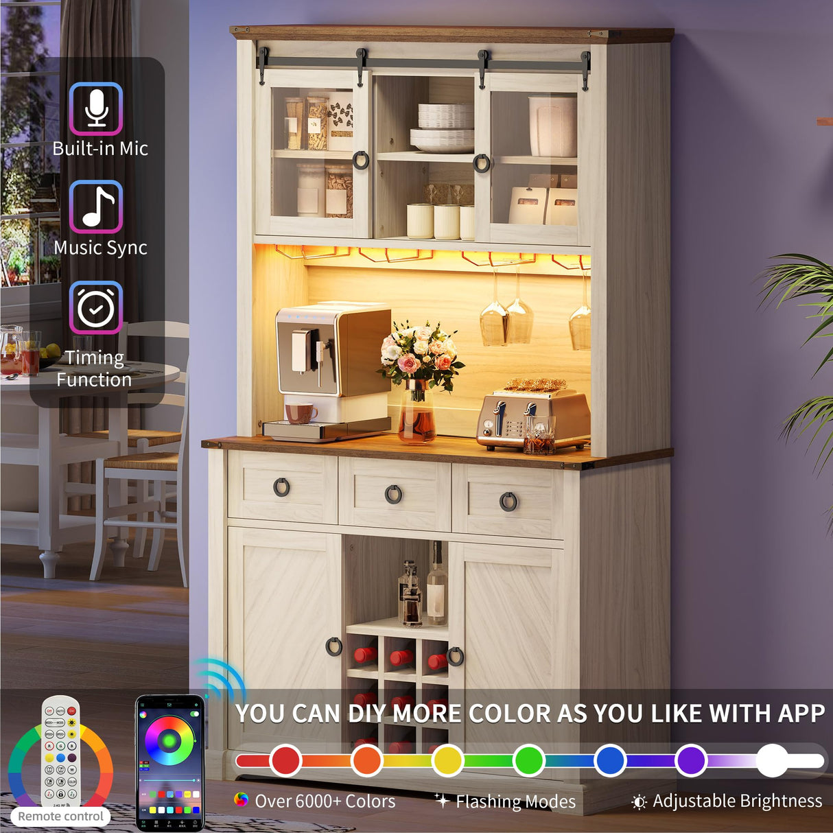 DWVO 72" Farmhouse Bar Cabinet with LED Lights & USB Charging, Wine Glass Holder & 9-Bottle Rack, Coffee Bar Sideboard with Sliding Doors, Off White+Walnut Grain DWVO